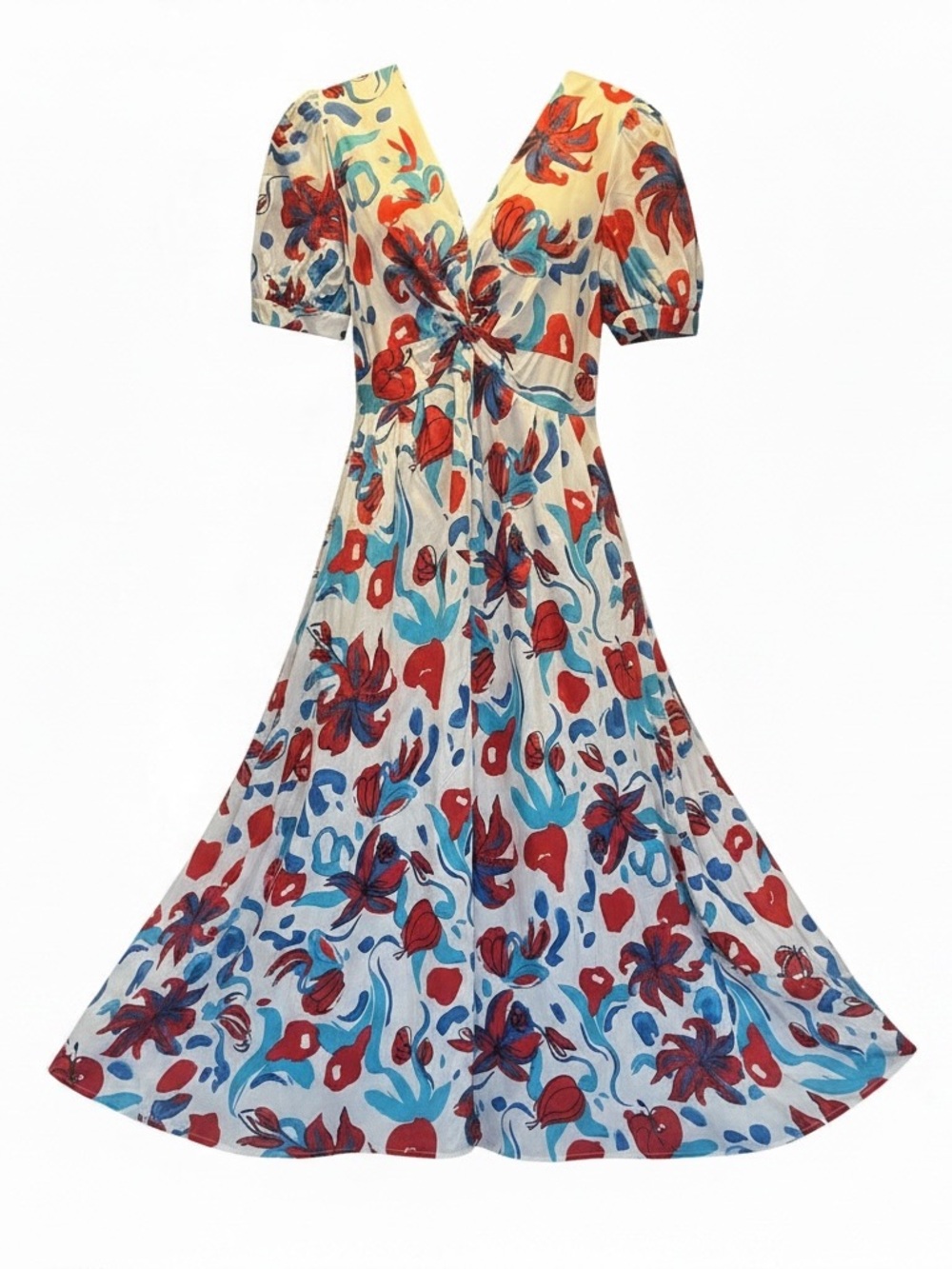 Diane von Furstenberg DVF Floral Cotton Midi Dress Size 10 Red White and Blue